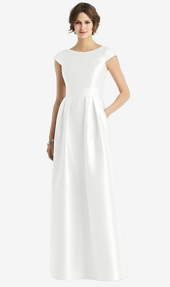 Front View - White Cap Sleeve Pleated Skirt Dress with Pockets