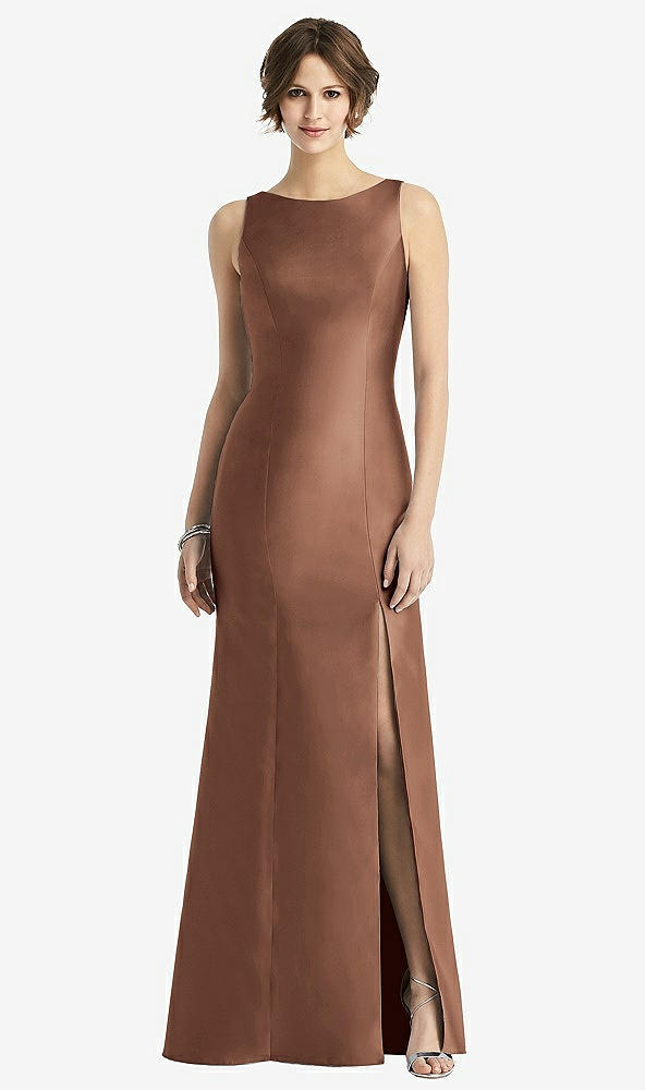 Front View - Cognac Sleeveless Satin Trumpet Gown with Bow at Open-Back