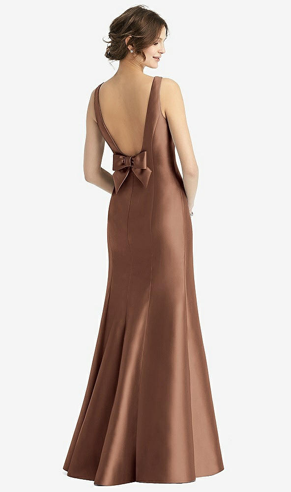 Back View - Cognac Sleeveless Satin Trumpet Gown with Bow at Open-Back
