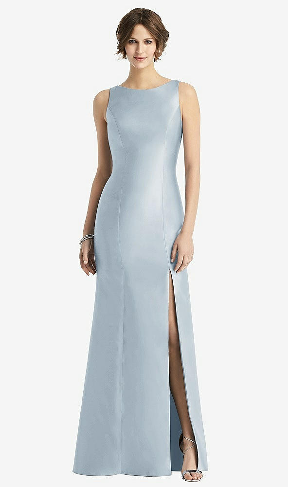 Front View - Mist Sleeveless Satin Trumpet Gown with Bow at Open-Back