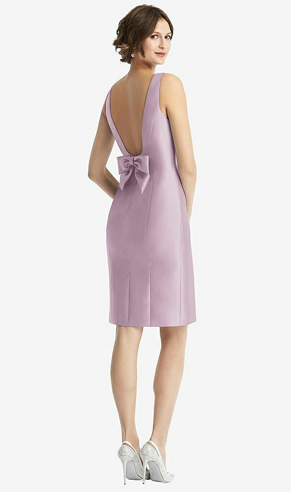 Front View - Suede Rose Bow Open-Back Satin Cocktail Dress with Front Slit
