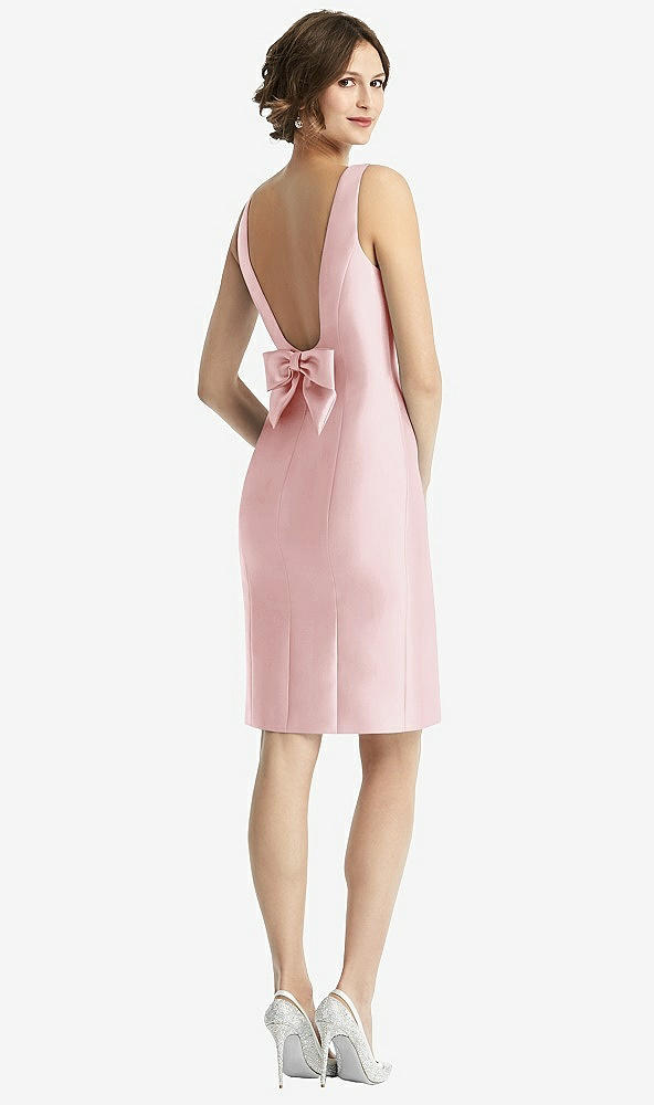 Front View - Ballet Pink Bow Open-Back Satin Cocktail Dress with Front Slit