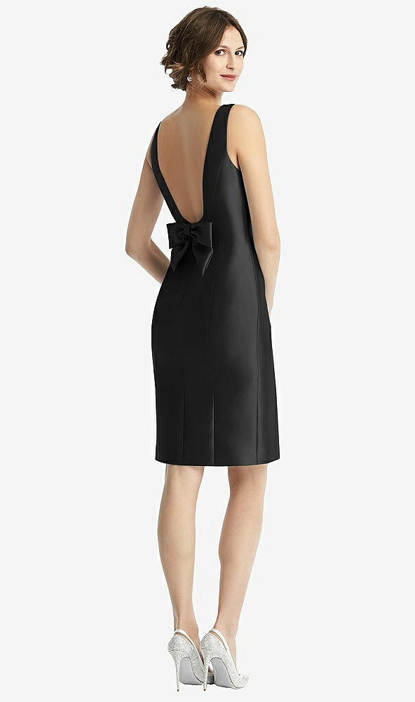 Front View - Black Bow Open-Back Satin Cocktail Dress with Front Slit
