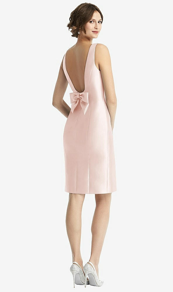Front View - Blush Bow Open-Back Satin Cocktail Dress with Front Slit
