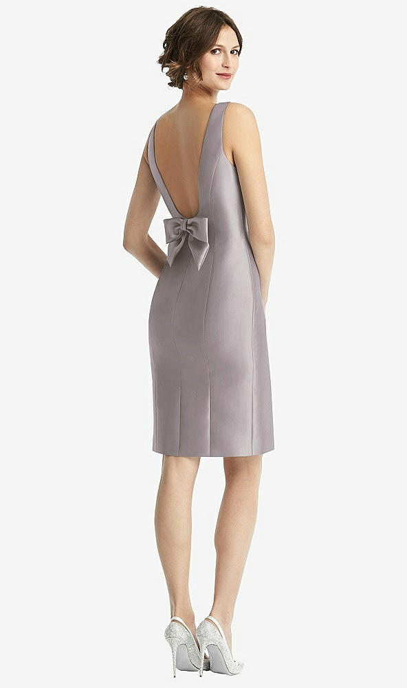 Front View - Cashmere Gray Bow Open-Back Satin Cocktail Dress with Front Slit