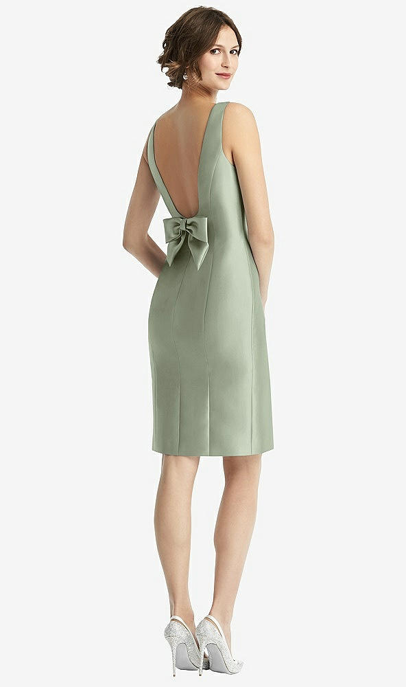 Front View - Sage Bow Open-Back Satin Cocktail Dress with Front Slit