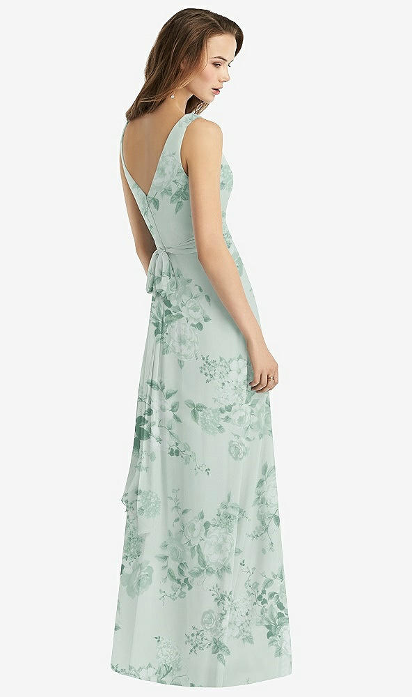 Back View - Mint Green Floral Sleeveless V-Neck Chiffon Wrap Dress