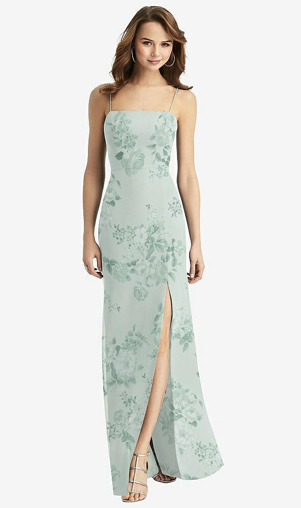 Front View - Mint Green Floral Tie-Back Cutout Trumpet Gown with Front Slit