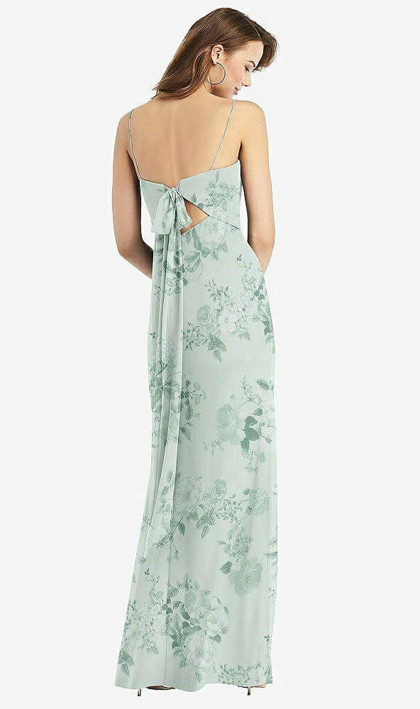 Back View - Mint Green Floral Tie-Back Cutout Trumpet Gown with Front Slit