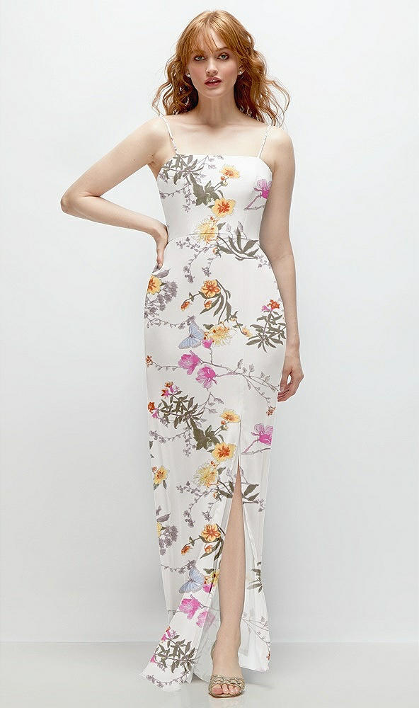 Front View - Butterfly Botanica Ivory Tie-Back Cutout Trumpet Gown with Front Slit