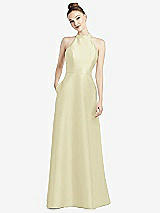 Rear View Thumbnail - Butter Yellow High-Neck Cutout Satin Dress with Pockets
