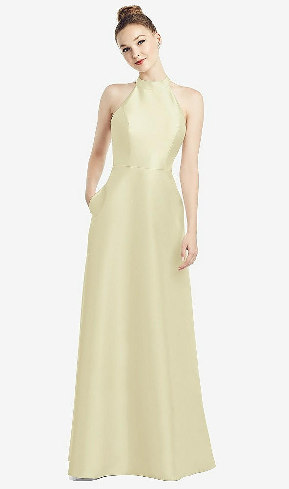Back View - Butter Yellow High-Neck Cutout Satin Dress with Pockets