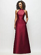 Alt View 1 Thumbnail - Burgundy High-Neck Cutout Satin Dress with Pockets