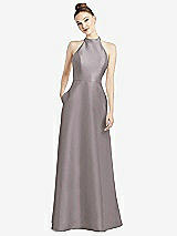 Rear View Thumbnail - Cashmere Gray High-Neck Cutout Satin Dress with Pockets