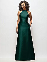 Alt View 1 Thumbnail - Evergreen High-Neck Cutout Satin Dress with Pockets