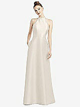 Rear View Thumbnail - Ivory High-Neck Cutout Satin Dress with Pockets