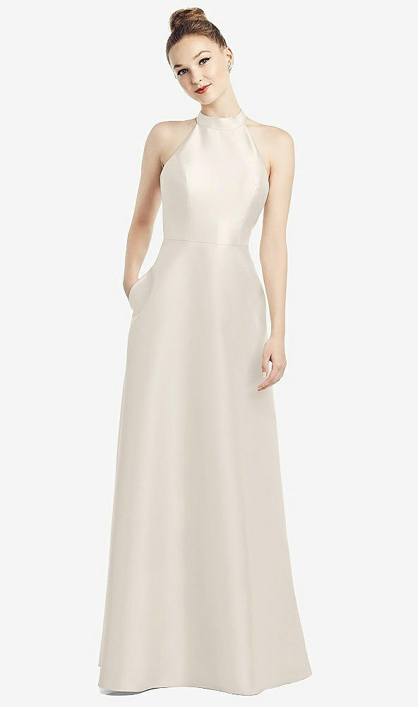 Back View - Ivory High-Neck Cutout Satin Dress with Pockets