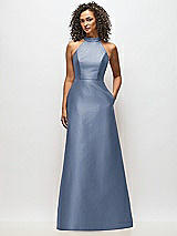 Alt View 1 Thumbnail - Larkspur Blue High-Neck Cutout Satin Dress with Pockets