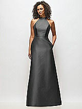 Alt View 1 Thumbnail - Pewter High-Neck Cutout Satin Dress with Pockets