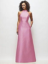 Alt View 1 Thumbnail - Powder Pink High-Neck Cutout Satin Dress with Pockets