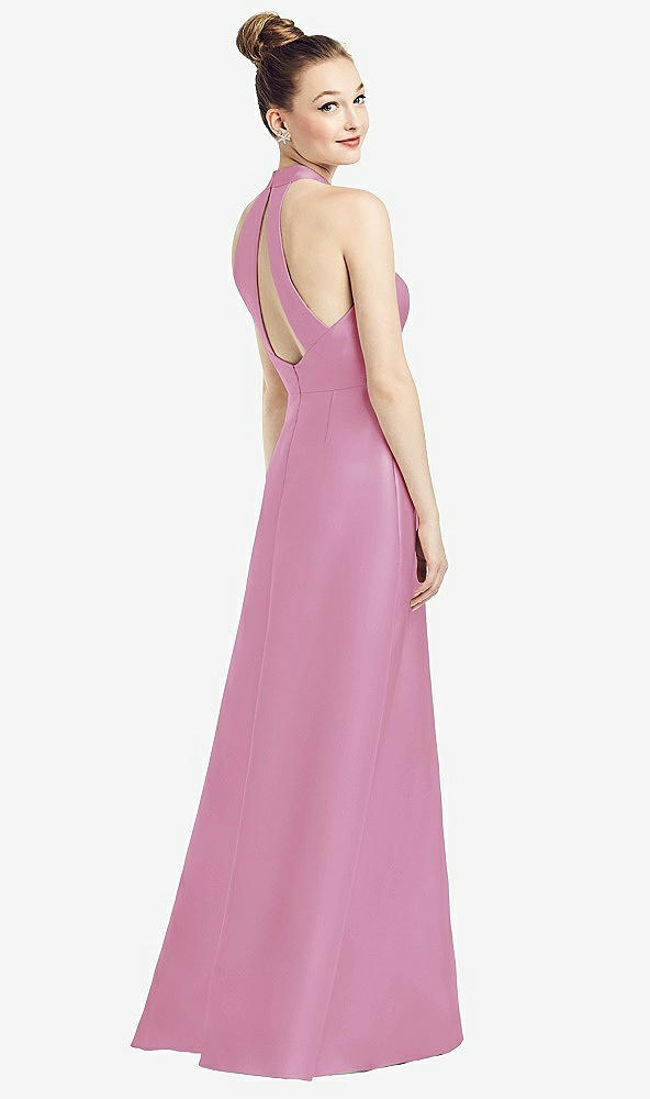 Front View - Powder Pink High-Neck Cutout Satin Dress with Pockets
