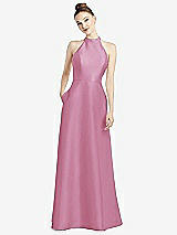 Rear View Thumbnail - Powder Pink High-Neck Cutout Satin Dress with Pockets