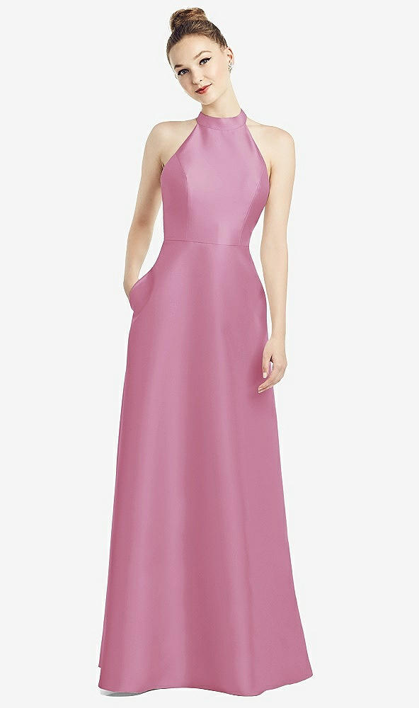 Back View - Powder Pink High-Neck Cutout Satin Dress with Pockets