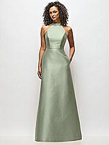 Alt View 1 Thumbnail - Sage High-Neck Cutout Satin Dress with Pockets