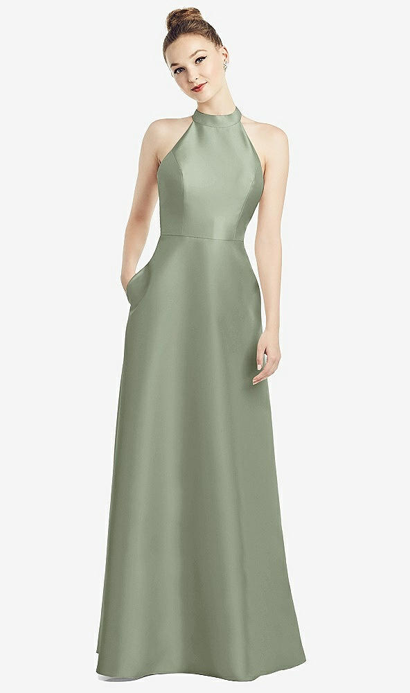 Front View - Sage High-Neck Cutout Satin Dress with Pockets