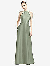 Rear View Thumbnail - Sage High-Neck Cutout Satin Dress with Pockets