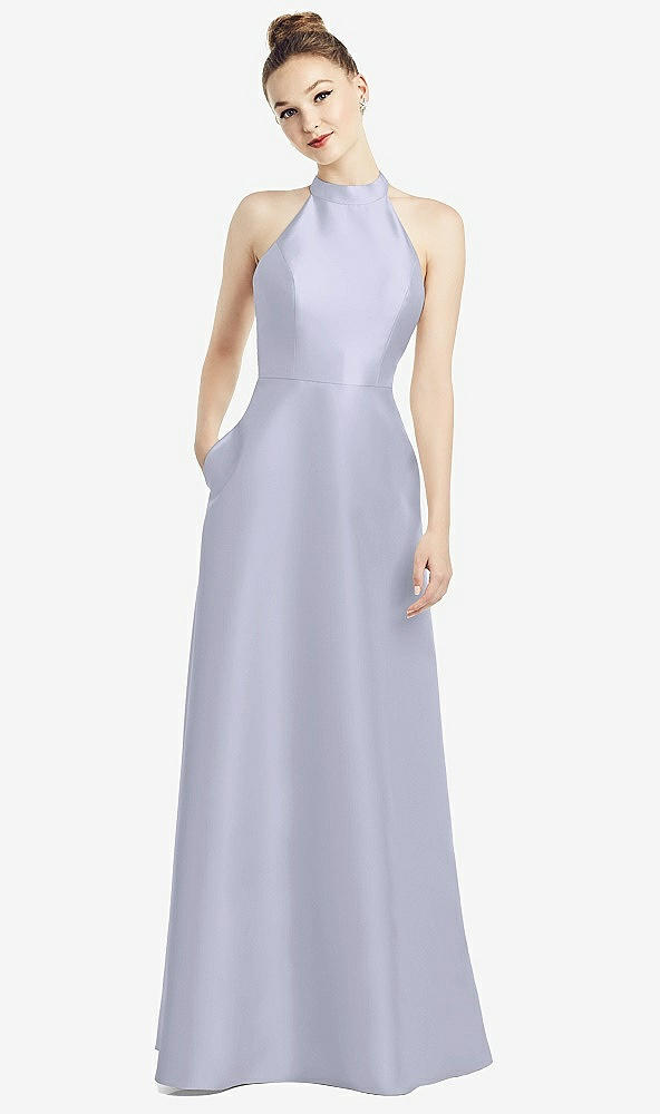 Back View - Silver Dove High-Neck Cutout Satin Dress with Pockets