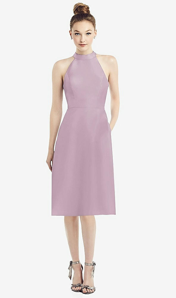 Front View - Suede Rose High-Neck Open-Back Satin Cocktail Dress