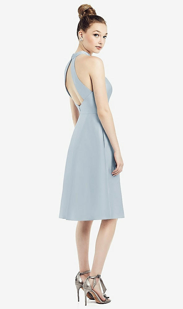 Back View - Mist High-Neck Open-Back Satin Cocktail Dress