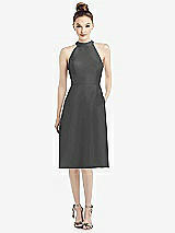 Front View Thumbnail - Pewter High-Neck Open-Back Satin Cocktail Dress
