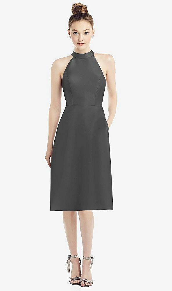 Front View - Pewter High-Neck Open-Back Satin Cocktail Dress