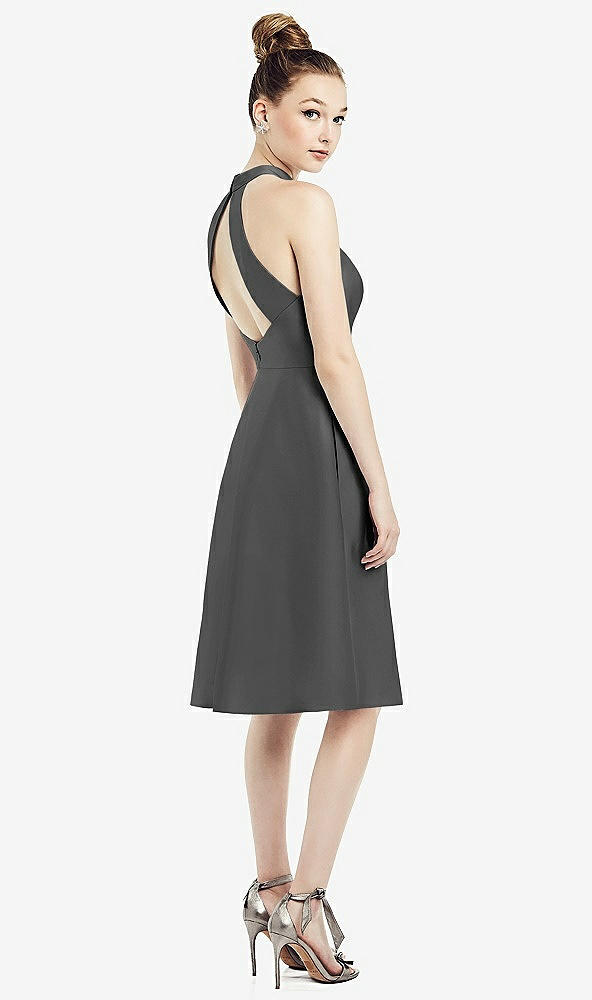 Back View - Pewter High-Neck Open-Back Satin Cocktail Dress