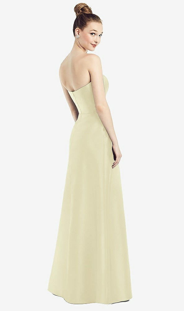 Back View - Butter Yellow Strapless Notch Satin Gown with Pockets