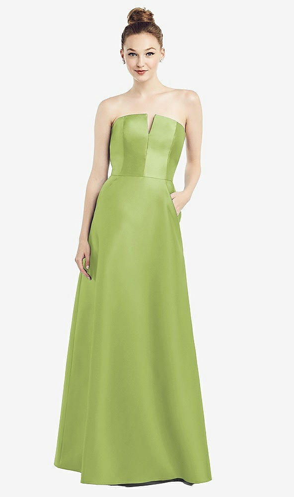 Front View - Mojito Strapless Notch Satin Gown with Pockets