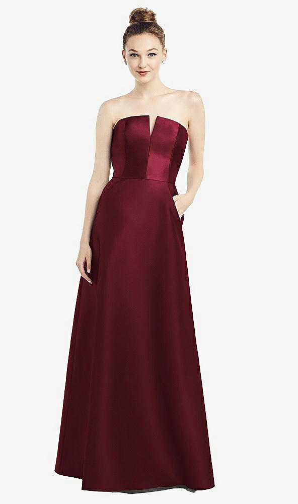 Front View - Cabernet Strapless Notch Satin Gown with Pockets