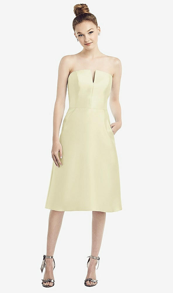 Front View - Butter Yellow Strapless Notch Satin Cocktail Dress with Pockets