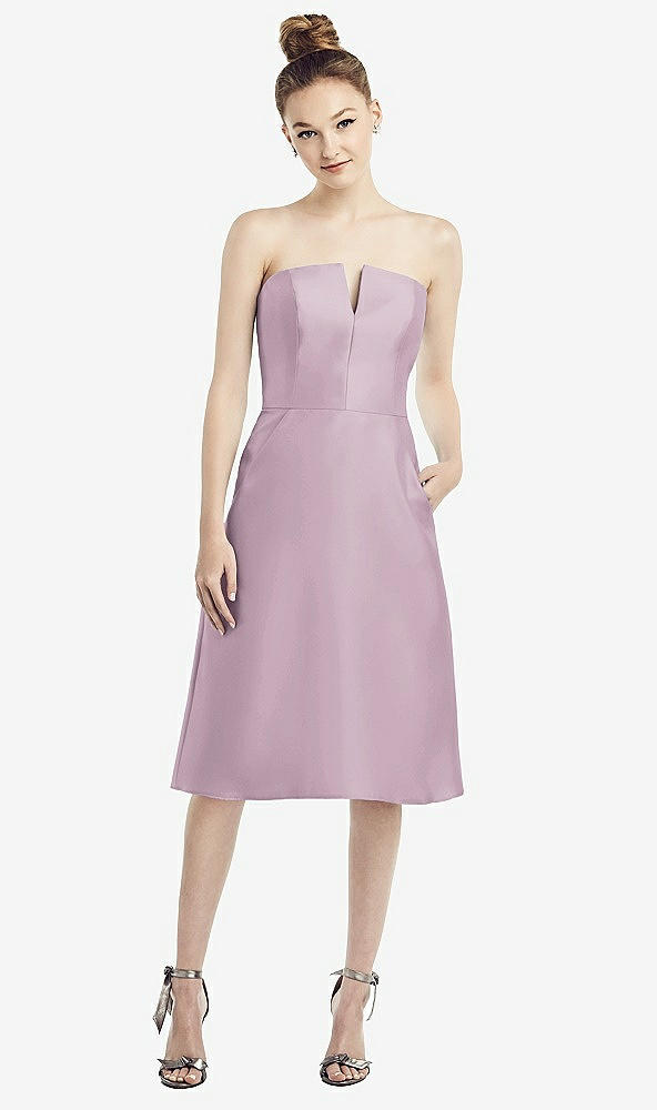 Front View - Suede Rose Strapless Notch Satin Cocktail Dress with Pockets