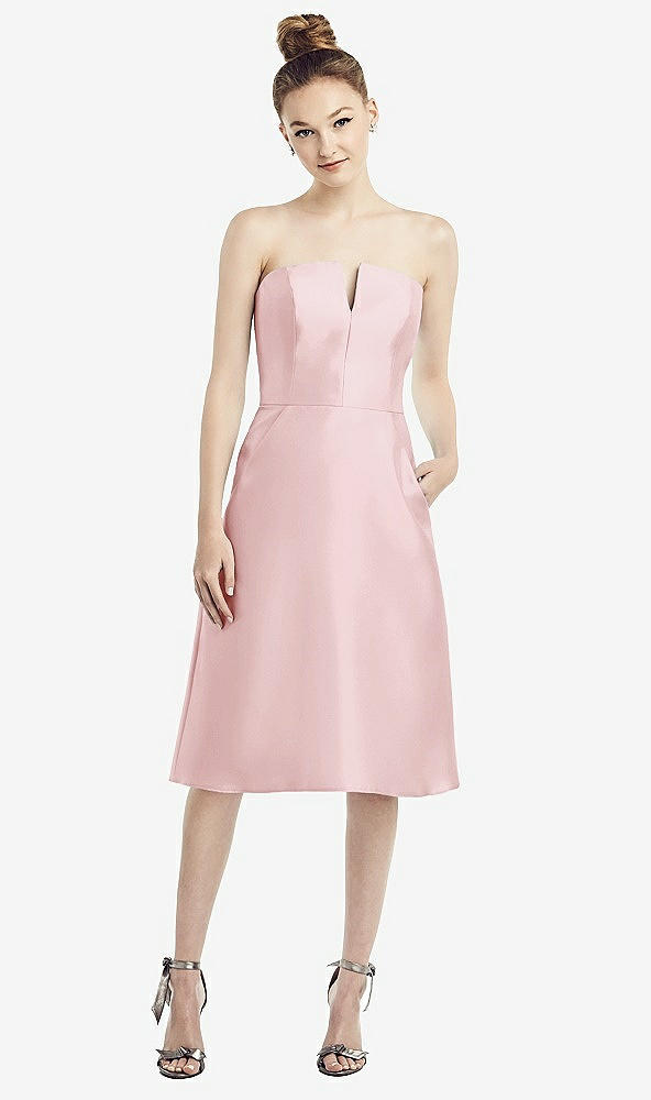 Front View - Ballet Pink Strapless Notch Satin Cocktail Dress with Pockets