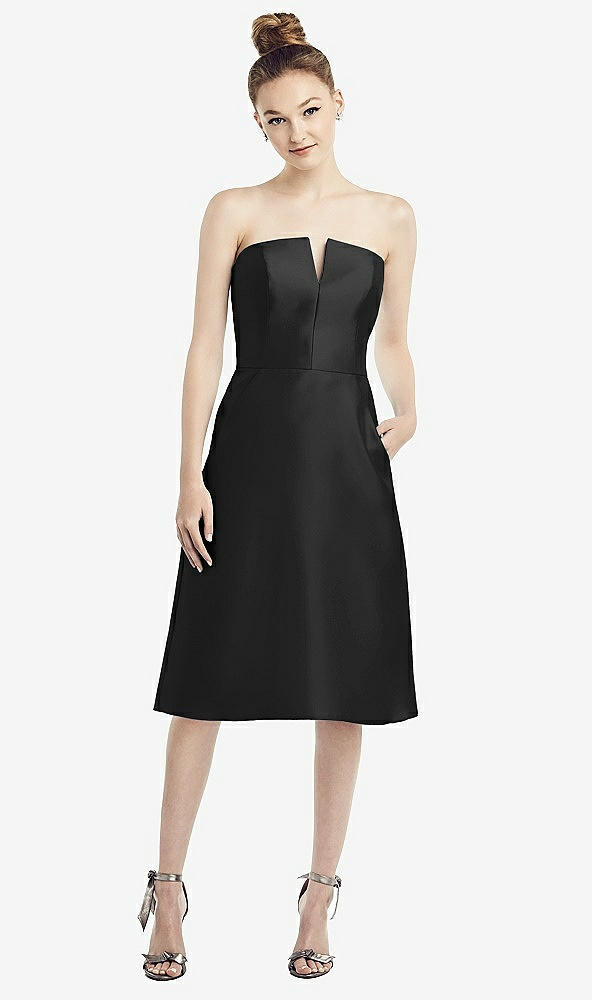 Front View - Black Strapless Notch Satin Cocktail Dress with Pockets