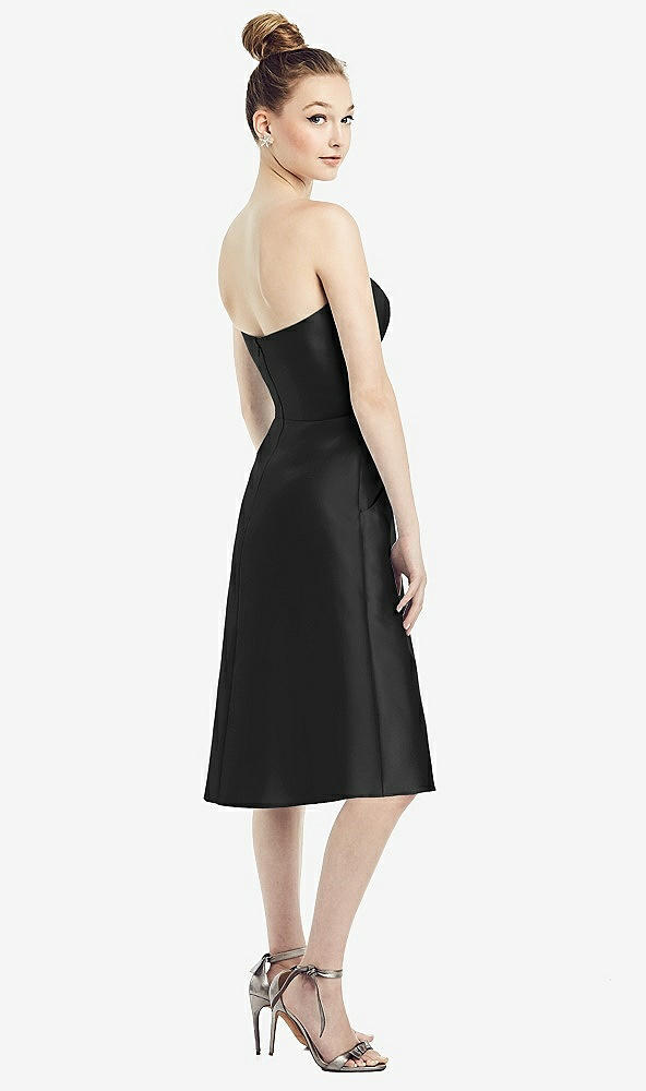 Back View - Black Strapless Notch Satin Cocktail Dress with Pockets