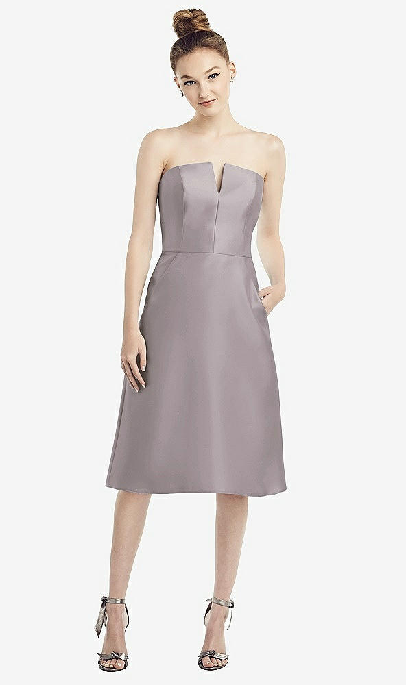 Front View - Cashmere Gray Strapless Notch Satin Cocktail Dress with Pockets