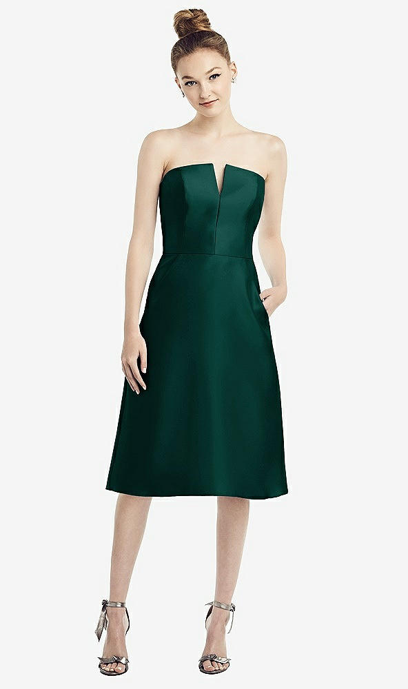Front View - Evergreen Strapless Notch Satin Cocktail Dress with Pockets