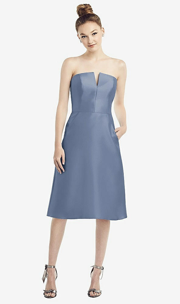 Front View - Larkspur Blue Strapless Notch Satin Cocktail Dress with Pockets