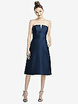 Front View Thumbnail - Midnight Navy Strapless Notch Satin Cocktail Dress with Pockets
