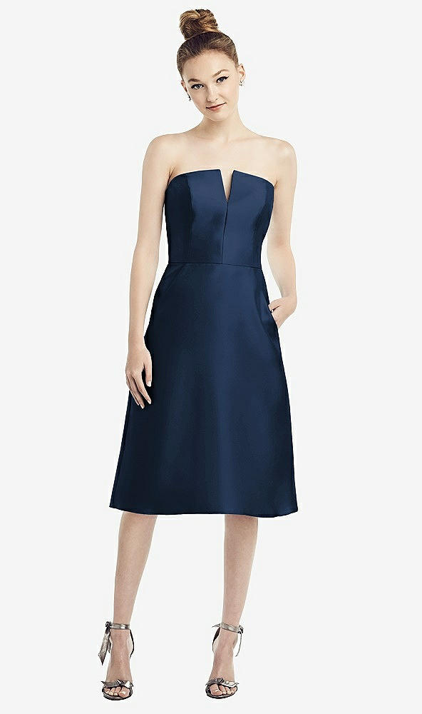 Front View - Midnight Navy Strapless Notch Satin Cocktail Dress with Pockets