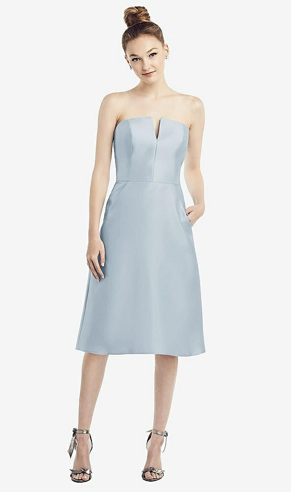 Front View - Mist Strapless Notch Satin Cocktail Dress with Pockets